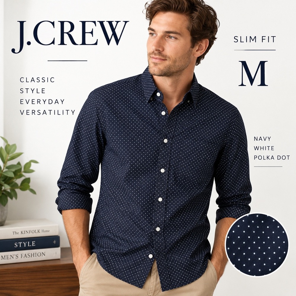 J.Crew Button Down Shirt Mens M Navy Blue Polka Dot Slim Fit Long Sleeve Cotton
